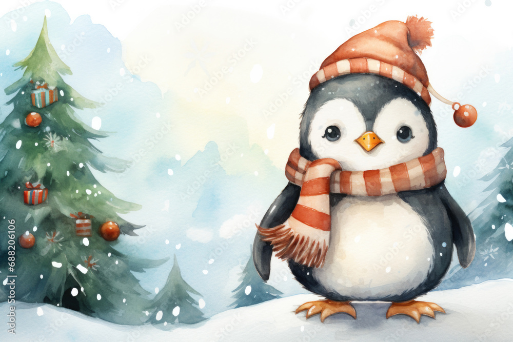 Cute penguin in a hat and scarf, illustrationin a winter forest, Christmas mood Cute penguin in a hat and scarf, illustrationin a winter forest, Christmas mood