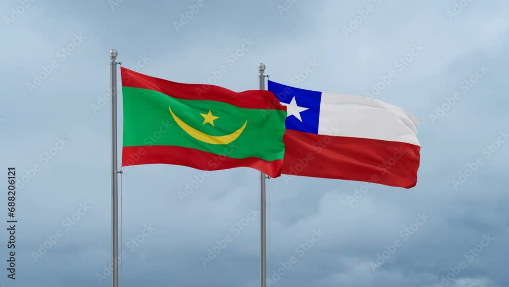 Chile flag and Mauritania flag waving together on cloudy sky, endless seamless loop, two country relations concept Chile flag and Mauritania flag waving together on cloudy sky, endless seamless loop, two country relations concept