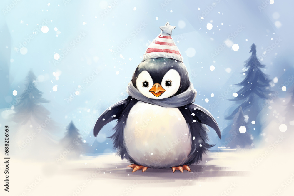 Cute penguin in a hat and scarf, illustration a winter forest, Christmas mood Cute penguin in a hat and scarf, illustration a winter forest, Christmas mood