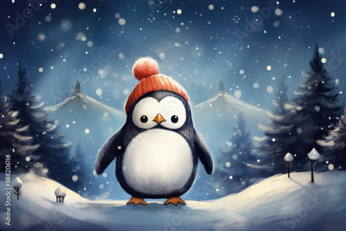 Cute penguin in a hat, illustration a winter forest, Christmas mood © Irina B