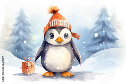 Cute penguin in a hat with gifts, illustration a winter forest, Christmas mood © Irina Beloglazova