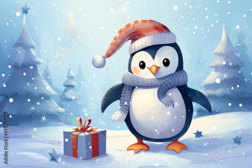 Cute penguin in a hat and scarf with gifts, illustration a winter forest, Christmas mood © Irina Beloglazova