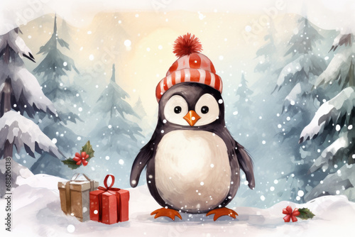 Cute penguin in a hat with gifts, illustration a winter forest, Christmas mood © Irina Beloglazova