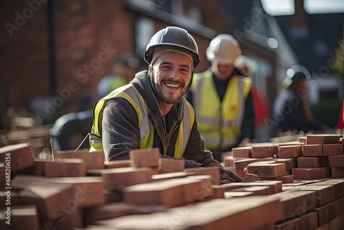 Cheerful construction worker bircklayer men working on bricks with smiles