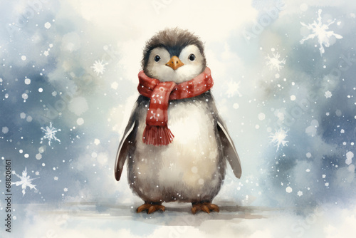 Cute penguin in a scarf, illustration a winter forest, Christmas mood photo