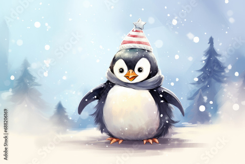 Cute penguin in a hat and scarf, illustration a winter forest, Christmas mood © Irina Beloglazova