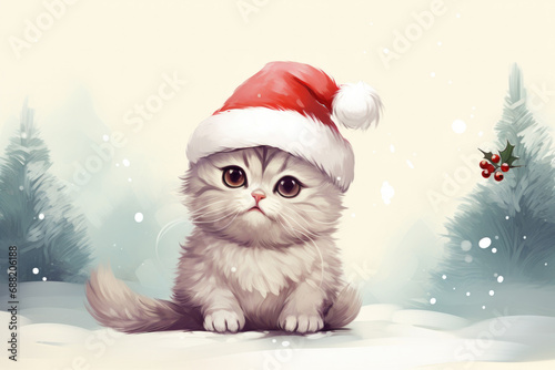 Cute kitten in a hat, illustration a winter forest, Christmas mood