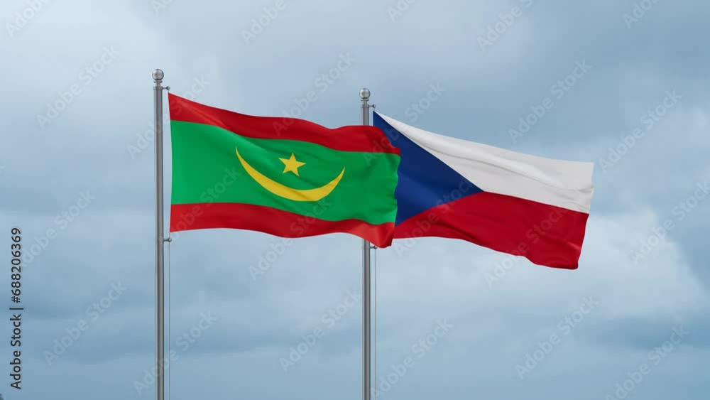 Czech Republic flag and Mauritania flag waving together on cloudy sky, endless seamless loop, two country relations concept Czech Republic flag and Mauritania flag waving together on cloudy sky, endless seamless loop, two country relations concept
