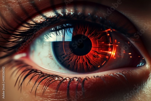 close-up of an eye with an artificial retina. Future technologies for recognizing the environment through scanning using artificial intelligence built into the eyes. Artificial retina of the human eye