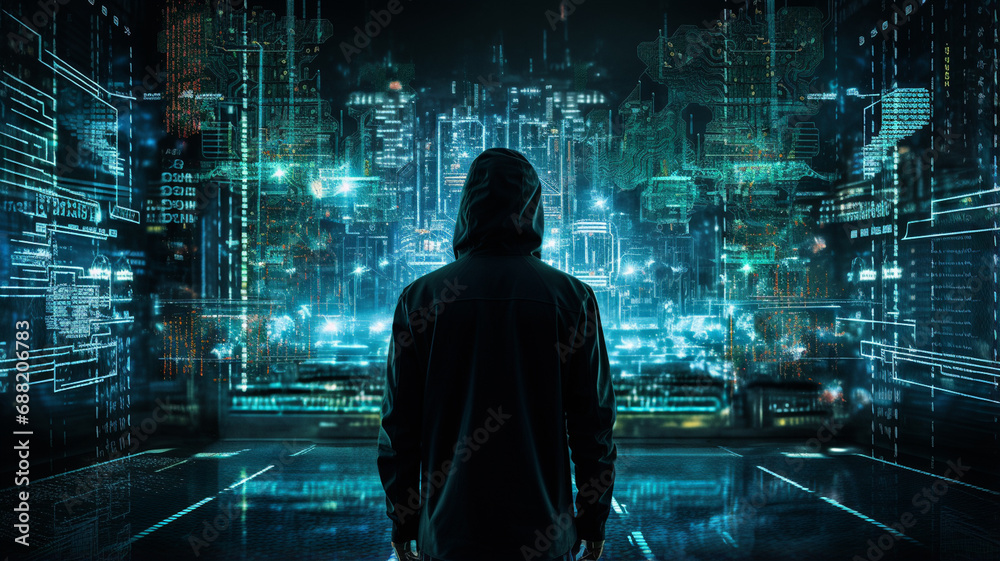 man wearing black suit and mask in the digital environment. mixed media man wearing black suit and mask in the digital environment. mixed media