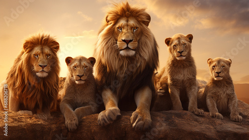 Pride of lions at sunset