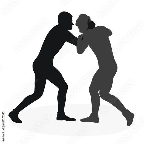 Silhouettes people fighting, MMA fighters. Greco Roman wrestling, fight, combating; struggle; grappling; duel, mixed martial art, sportsmanship