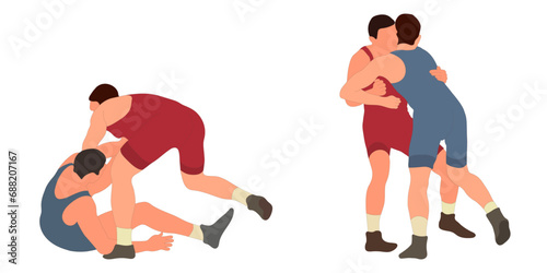 Image of athletes wrestlers in wrestling, fighting. Greco Roman wrestling, fight, combating, struggle, grappling, duel, mixed martial art, sportsmanship