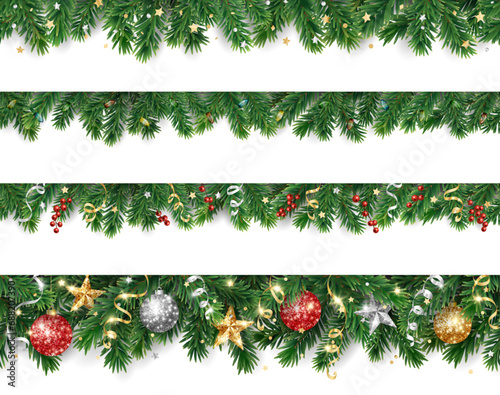 Christmas tree holiday decoration on transparent background, vector. Fir tree garland, border. Confetti, Christmas lights and golden glitter ornaments. Can be seamlessly repeated horizontally.