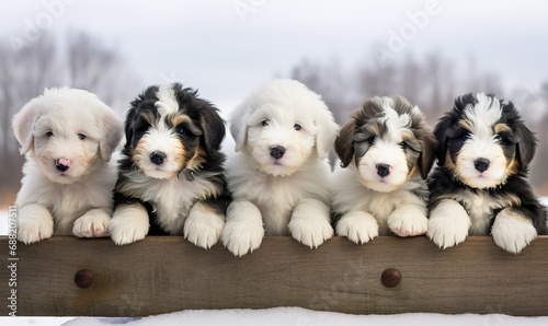 five english sheepdog puppies sit obediently photo