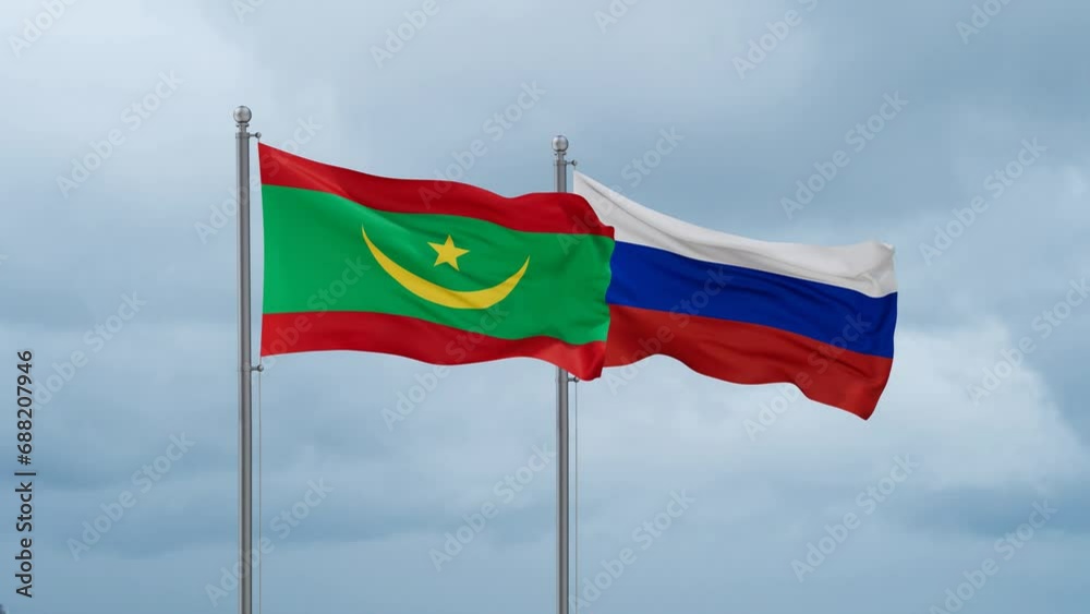 Russian Federation and Mauritania flag waving together on cloudy sky, endless seamless loop Russian Federation and Mauritania flag waving together on cloudy sky, endless seamless loop