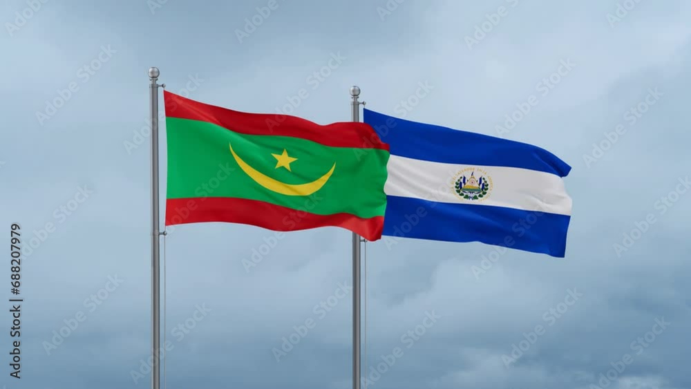 Republic of El Salvador and Mauritania flag waving together on cloudy sky, endless seamless loop, two country cooperation concept Republic of El Salvador and Mauritania flag waving together on cloudy sky, endless seamless loop, two country cooperation concept