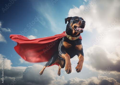 Funny photo of a Rottweiler dog flying through the clounds in a blue sky wearing a red super hero cape photo