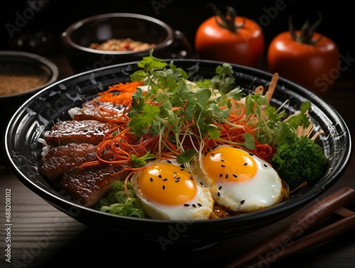 Succulent Pork Belly Bowl with Perfect Sunny-Side Up Eggs and Fresh Vegetable Garnish - Ideal for Food Blogs and Asian Cuisine photo