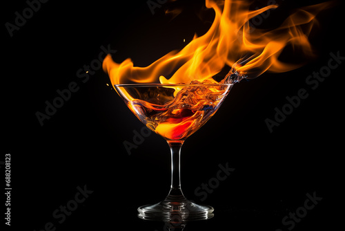 Golden Splash shot glass with fire, black background