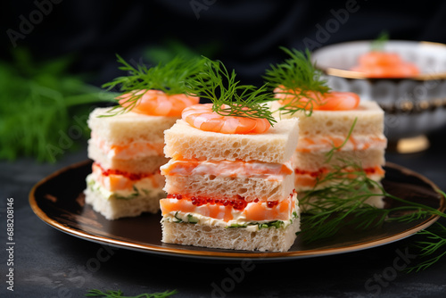 Delicious Seafood Snack, Gourmet Salmon Canape, Caviar and Avocado Toast, Mini Delicacy for Celebration