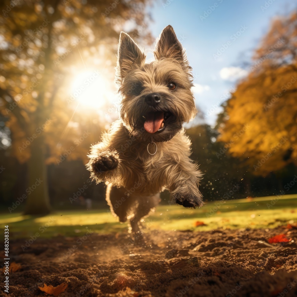 Cairn Terrier's Perfect Leap Captured in Sunlit Park Cairn Terrier's Perfect Leap Captured in Sunlit Park