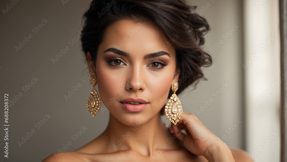 Portrait of a beautiful elegant Latin American woman. Brunette hair, beautiful hair styling, expensive jewelry. Gray background.