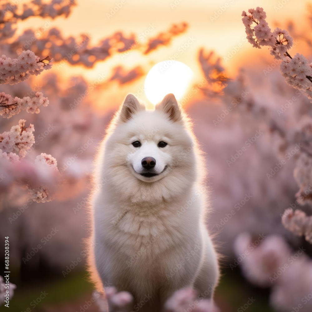 Obraz premium Cherry Blossom Frolic: A Japanese Spitz at Sunset