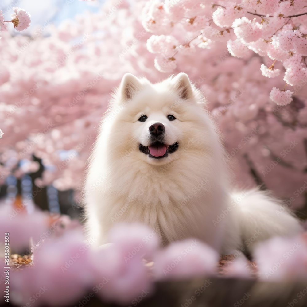 Serene Samoyed and Cherry Blossoms: A Study in Springtime Purity