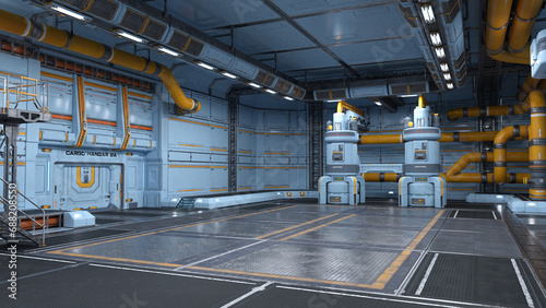 Fototapeta Naklejka Na Ścianę i Meble -  Large futuristic sci-fi space station hangar interior. 3D rendering.