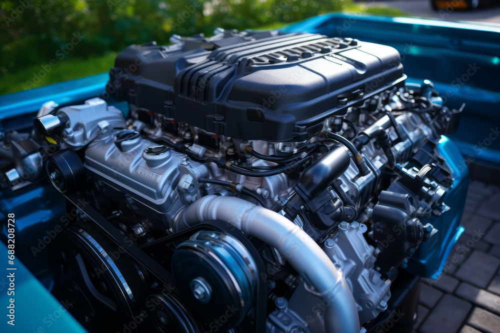 Close-up of a car's gasoline engine. Concept for the automotive and mechanical industry. Close-up of a car's gasoline engine. Concept for the automotive and mechanical industry.