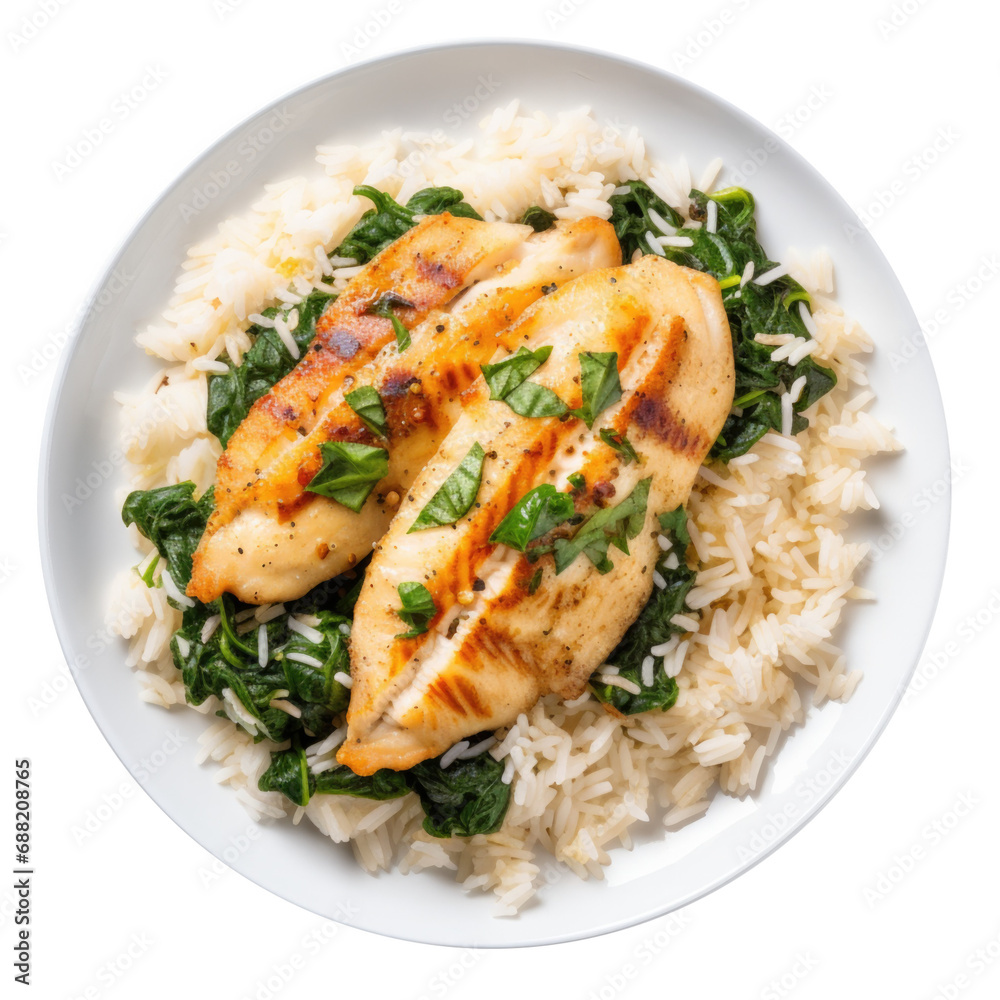 A Delicious Plate of Fish Florentine with Spinach and Rice Isolated on a Transparent Background A Delicious Plate of Fish Florentine with Spinach and Rice Isolated on a Transparent Background