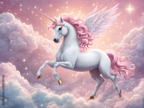 a white fairy unicorn with a pink mane and white wings jumps on pink clouds photo