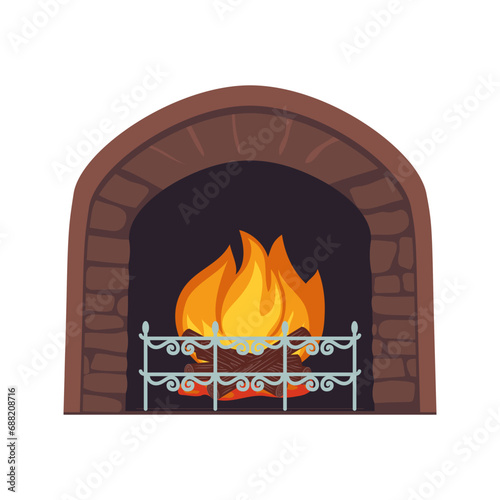Fireplace with burning firewood. Home stone hearth with burning fire. Vector illustration.