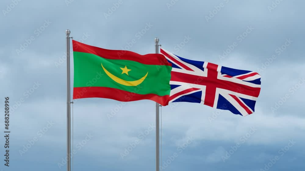 United Kingdom and Mauritania flag waving together on cloudy sky, endless seamless loop, two country cooperation concept United Kingdom and Mauritania flag waving together on cloudy sky, endless seamless loop, two country cooperation concept