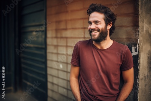 Happy man with beard laughing wearing a casual t-shirt in an urban setting