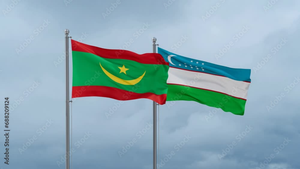 Republic of Uzbekistan and Mauritania flag waving together on cloudy sky, endless seamless loop, two country cooperation concept Republic of Uzbekistan and Mauritania flag waving together on cloudy sky, endless seamless loop, two country cooperation concept