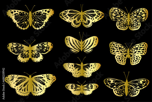 Collection of golden decorative winged insects, butterflies, night moths.Vector graphics.