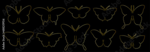 Collection of golden decorative winged insects, butterflies, night moths.Vector graphics.