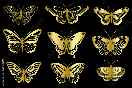 Collection of golden decorative winged insects, butterflies, night moths.Vector graphics.