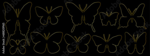 Collection of golden decorative winged insects, butterflies, night moths.Vector graphics.