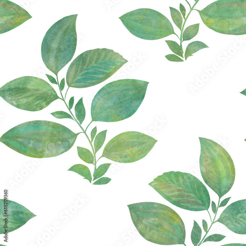 abstract seamless pattern drawn with watercolors, green leaves on a white background