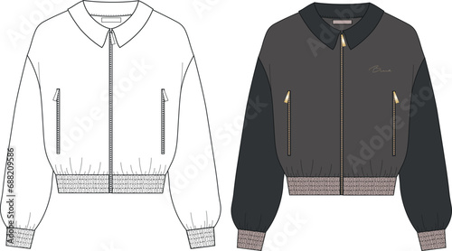 OVERSIZE CROPPED jacket, Varsity Jacket, Quilted Jacket, Bomber jacket for women. Technical Drawing. College bomber jacket vector illustration drawing Zip-up Bomber Jacket.  photo
