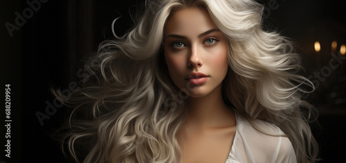 beauty portrait of a blonde woman with a curly hairstyle and make - up