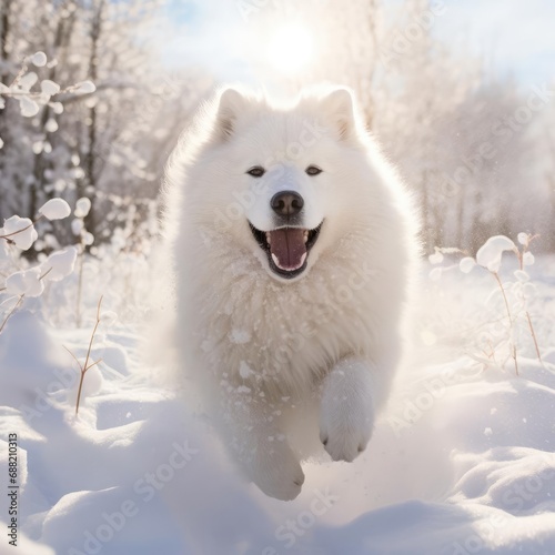 Joyful Samoyed Frolics in Snowy Meadow: A Photographer's Wide-Angle Capture