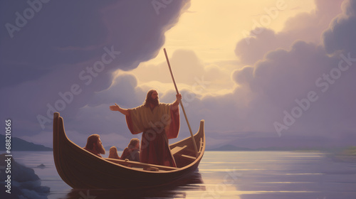 Jesus Christ on the boat calms the storm at sea.