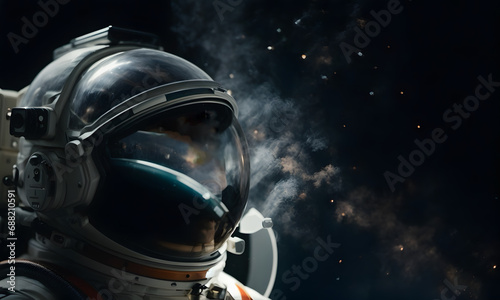 Head shot of spaceman or astronaut with background of space