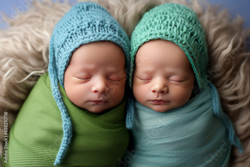 Twin newborns sleeping peacefully swaddled in green and blue wraps with matching knitted hats on a fluffy background.