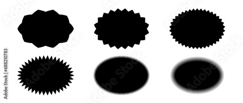 Zig zag edge ellipse shape collection. Jagged oval elements set. Black graphic design elements for decoration, banner, poster, template, sticker, badge, label, tag, emblem. Vector bundle