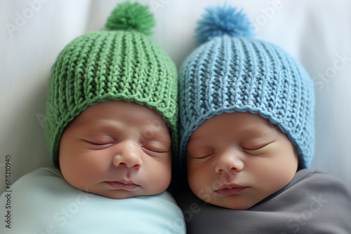 Newborn twins asleep wearing knitted green and blue hats, wrapped in coordinating swaddle blankets, against a white backdrop. photo